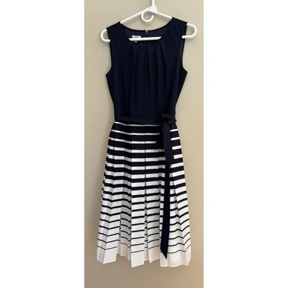 Talbots NWT Navy + White Striped Sleeveless Dress with Pleated Skirt Size 4 - Picture 4 of 13